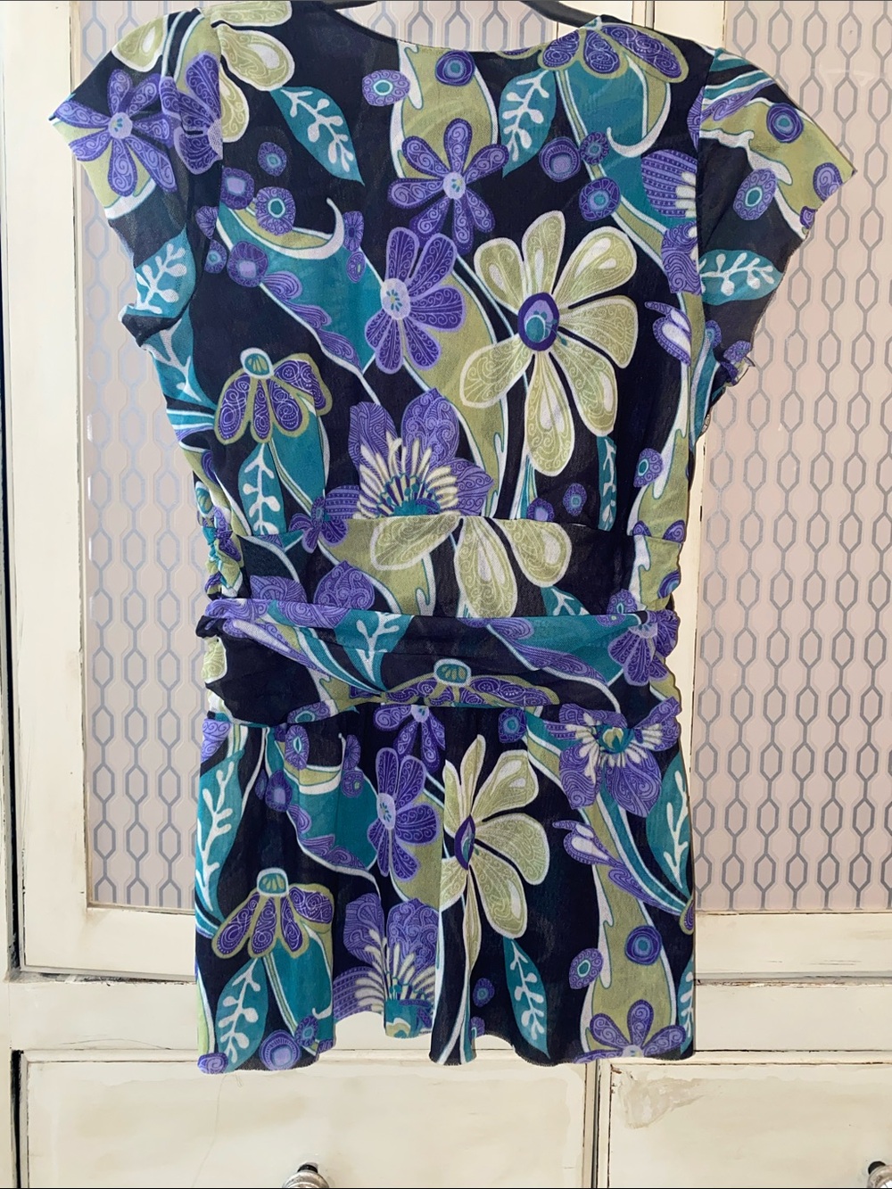 Sweet Pea Floral Wrap Tunic in Navy, Teal & Purple - Picture 2 of 4